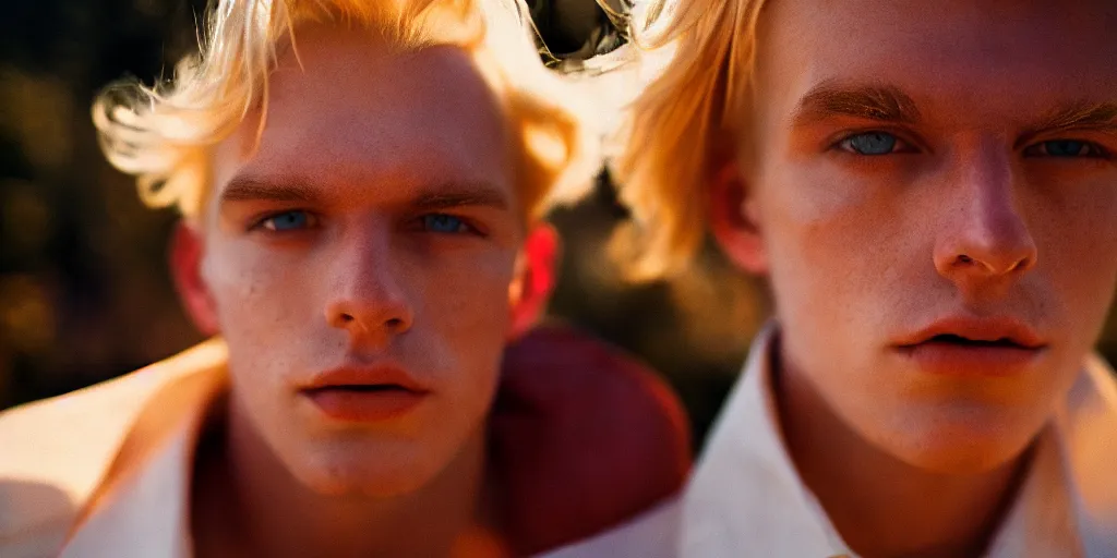 Image similar to handsome young man with blond hair terror love pain joy fear moody lighting golden hour highly detailed sharp zeiss lens 1. 8 high contrast wolfgang tillmans ryan mcginley david armstrong