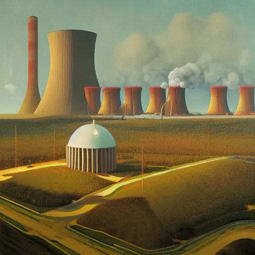 Image similar to A nuclear power plant in utopia by Simon Stålenhag and Grant Wood, oil on canvas