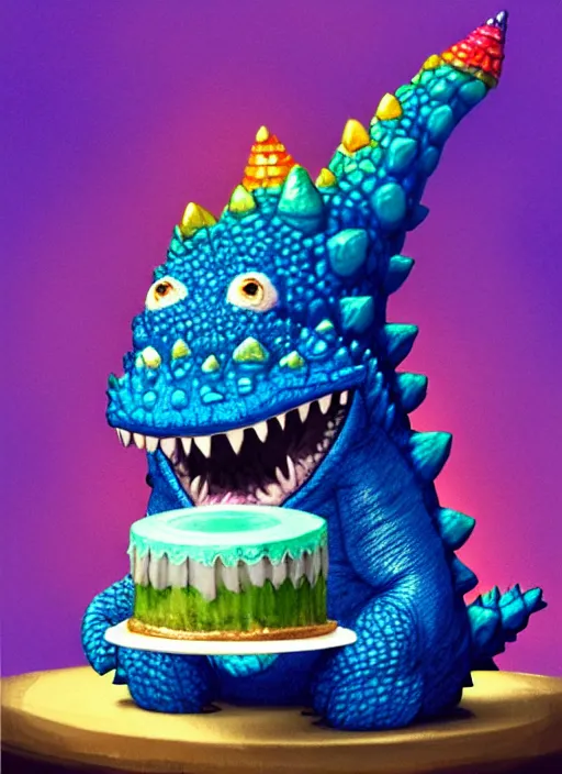 Image similar to portrait of a happy small fat blue godzilla with a birthday cake, wearing a funny rainbow hat, intricate, elegant, candle light, highly detailed, digital painting, artstation, concept art, smooth, sharp focus, illustration, art by wlop, mars ravelo and greg rutkowski