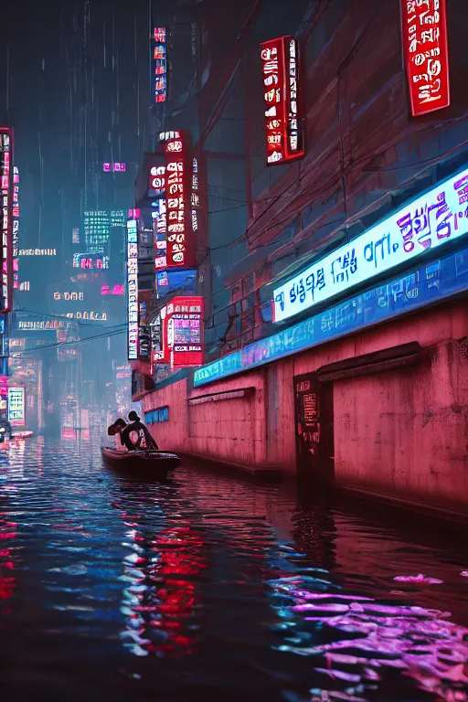 Prompt: cyberpunk flooded rainy south korea, seoul, man in small row boat, reflections, cinematic lighting, photorealistic, trending on artstation, storefronts made of neon lights, hyper realistic rendering photography, unreal 5 engine render, ultra wide angle, long shot, 8 k