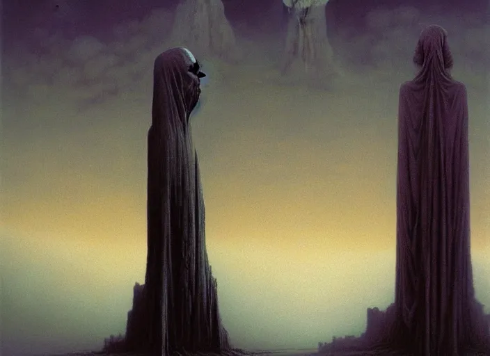 Image similar to painting of omniscient tall statues of gods towering above a hopeless person, by zdzislaw beksinski, by dariusz zawadzki, by wayne barlowe, gothic, surrealism, cosmic horror, lovecraftian, cold hue's, warm tone gradient background, concept art, beautiful composition