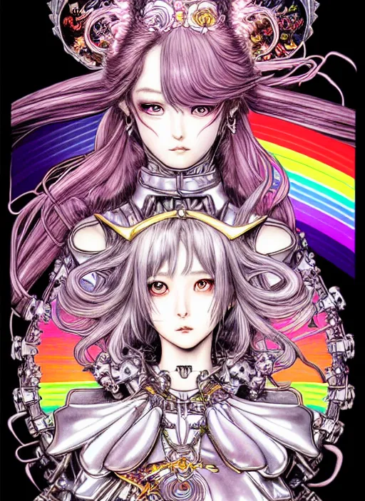 Prompt: highly detailed terada katsuya ayami kojima atrstation manga poster of princess mechine, rainbow gradient reflection, cute face by artgerm, long hair, armor, dress, laces, ruffles, 8 k, maximalist, jump comics