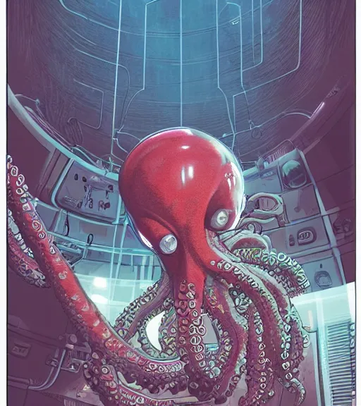 Image similar to a cybernetic realistic octopus in a space station, techwear, Industrial Scifi, detailed illustration, character portrait, by Martin Grip and Moebius