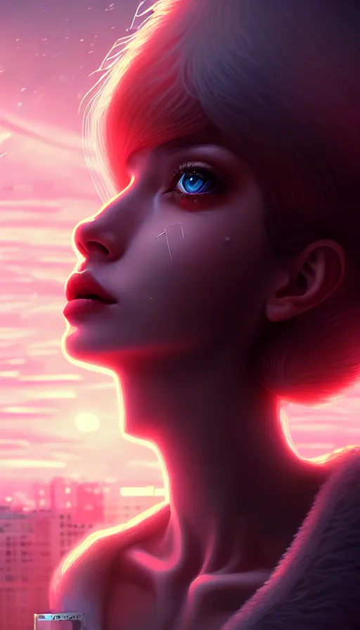 Image similar to a sad portrait of an angel buried alive in a abandoned futuristic city covered by vegeration, sunset, bright light, hyperdetailed, artstation, cgsociety, 8 k