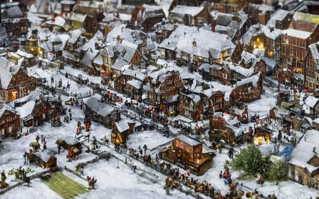 Prompt: a large glass snow shaker with a perfect miniature market of a medeveil english town highly detailed, cinematic lighting, render, fantasy