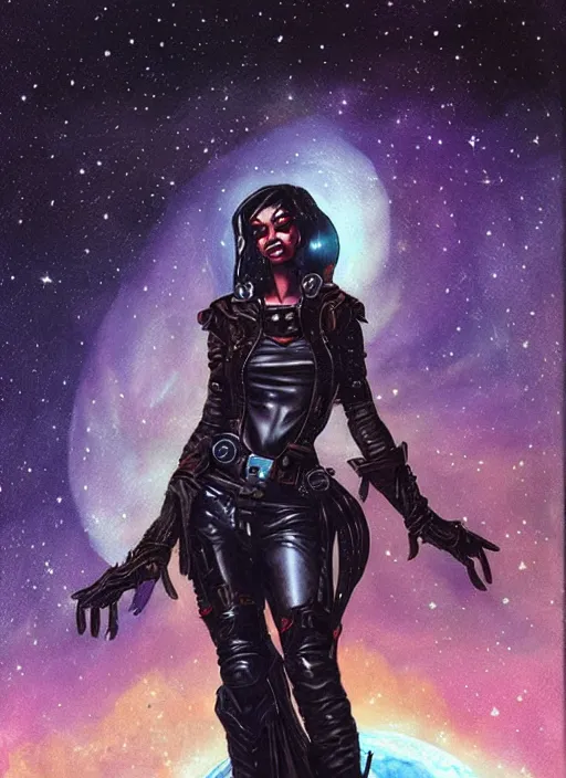 Image similar to portrait of female space pirate, night sky background, beautiful! coherent! by brom, deep color, strong line, high contrast