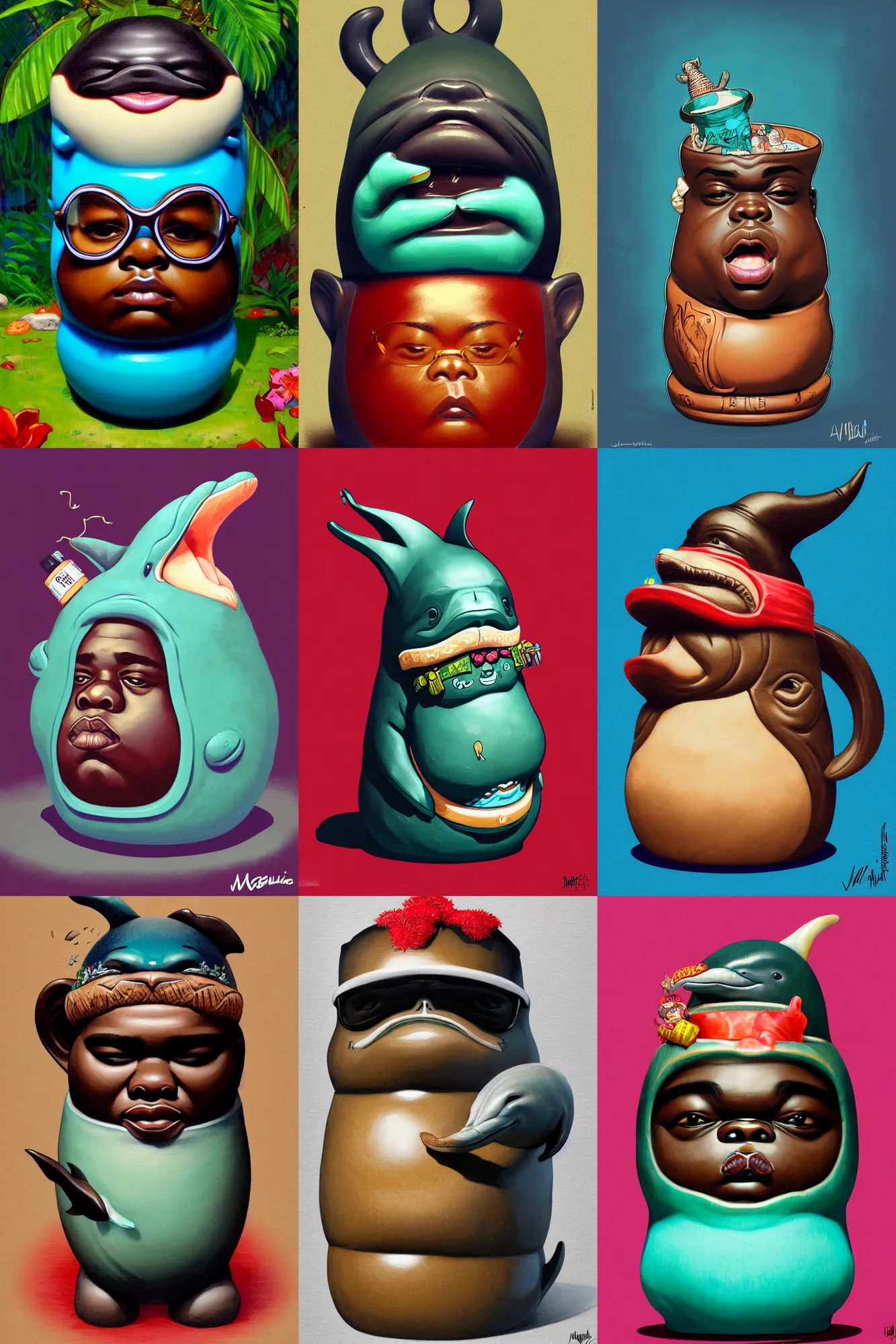 Prompt: the notorious b. i. g. as a cute and cuddly stoned dolphin trader joe's tiki mug, shaded lighting poster by magali villeneuve, artgerm, jeremy lipkin and michael garmash, rob rey and kentaro miura style, trending on art station