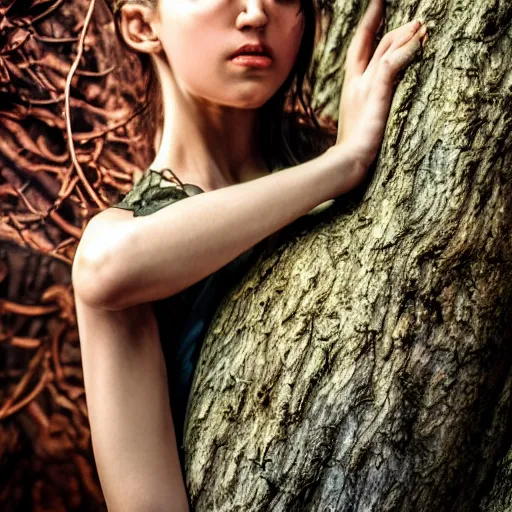 Prompt: highly detailed, ultra realistic, cinematic portrait, woman, high detail, 8 k, sharp focus, movie still, dramatic lighting, ray tracing, smooth, a female evil demonic character of kazakh mythology, jeztyrnauk, beautiful young girl with a copper nose and copper claws, standing in the night forrest, full body - c 1 5