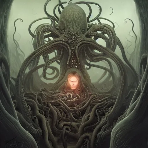 Image similar to curiosities from cthulhu, soft paint of a single curvy beautiful necromancer of madness and insanity in full mage armor, symmetry accurate features, horror, tentacles, dense volumetric fog, focus, very intricate ultrafine details, gloomy colors, award winning masterpiece, tom bagshaw artstyle