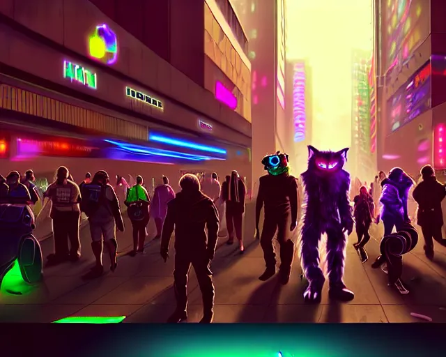 Image similar to high - resolution photograph from a cyberpunk era furry fandom convention ( midwest furfest 2 0 4 7 ), taking place after the genetic revolution and quantum singularity. photorealistic.