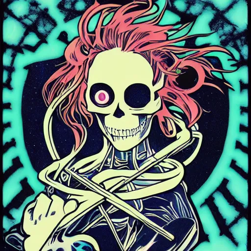 Image similar to anime manga skull portrait girl female skeleton astronaut illustration 80s art frank miller Ditko and alphonse mucha pop art nouveau