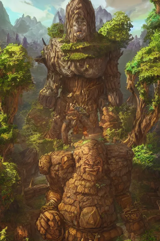 Image similar to zelda fantasy art giant golem troll wood rock greeble gemstone, global illumination ray tracing hdr fanart arstation by sung choi and eric pfeiffer and gabriel garza and casper konefal