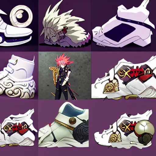 Image similar to fantasy anime jrpg sneaker design designed by studio ghibli, chrono trigger guilty gear style, aztec mayan street fashion native punk sneaker design, hip hop sneaker design with subtle mayan patterns, gapmoe yandere grimdark, trending on pixiv fanbox, painted by greg rutkowski makoto shinkai takashi takeuchi studio ghibli, akihiko yoshida