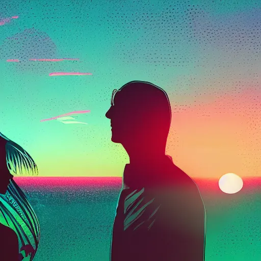 Image similar to a synthwave sunset with a man and woman staring at the sunset