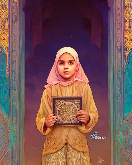 Image similar to a bedouin child infront of an big open quran highly detailed, gold filigree, romantic storybook fantasy, soft cinematic lighting, award, disney concept art watercolor illustration by mandy jurgens and alphonse mucha and alena aenami, pastel color palette, featured on artstation