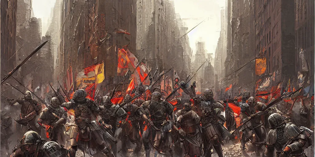 Prompt: Roman Empire legionary invading modern day New York City by Marc Simonetti