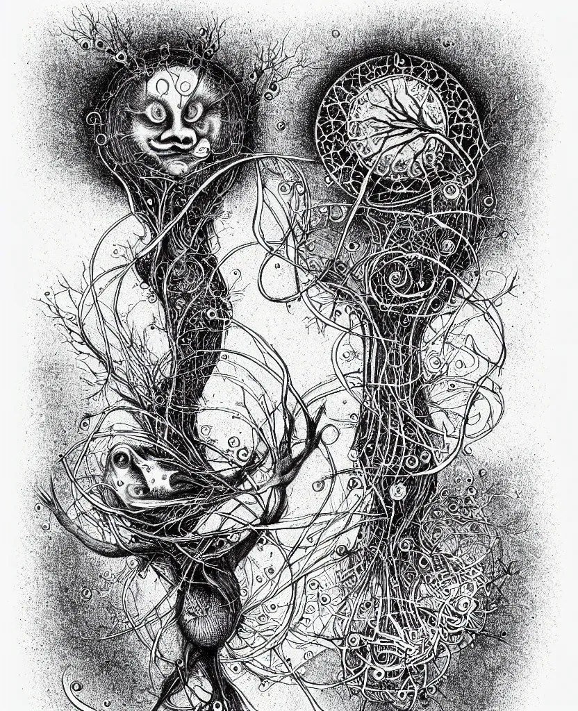 Image similar to whimsical freaky creature sings a unique canto about'as above so below'being ignited by the spirit of haeckel and robert fludd, breakthrough is iminent, glory be to the magic within, stipple shaded drawing by ronny khalil