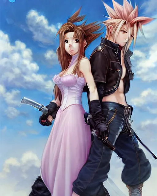 Image similar to character concept art of aerith gainsborough together with cloud strife at gold saucer, istinct - fine, key visual, realistic shaded perfect face, fine details by stanley artgerm lau, wlop, rossdraws, james jean, andrei riabovitchev, marc simonetti, sakimichan, and jakub rebelka, trending on artstation