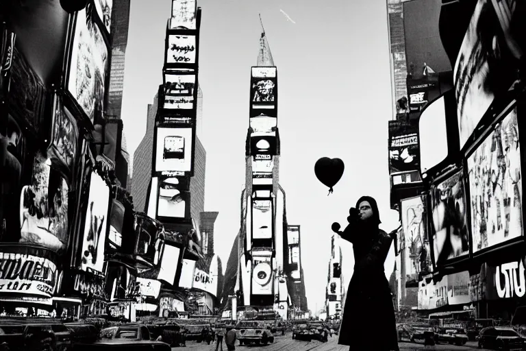 Image similar to an intricate, awe inspiring cyberpunk photograph of a girl with balloon, Times Square, by Ansel Adams ((black and white))