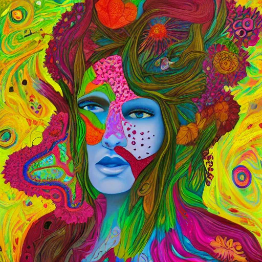 Image similar to a painting of a woman's face surrounded by flowers, a surrealist painting by alice mason, deviantart, psychedelic art, psychedelic, biomorphic, detailed painting