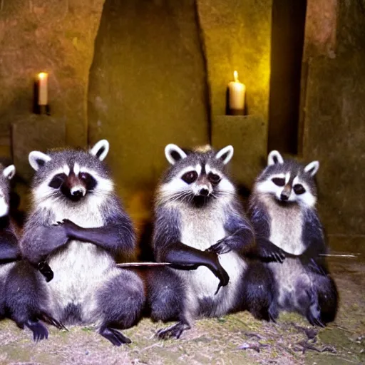 Image similar to vintage disposable camera photo, a group of raccoons wearing dark cult robes look towards the camera in surprise and anger as they perform a dark occult evil ceremony inside the secret lair of an underground mystery cult, dramatic candlelight, ultra - detailed, photorealistic, 4 k