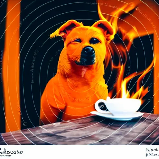 Image similar to a photograph of an orange humanlike dog in his house, sitting relaxed at a table, ☕ on the table, surrounded by flames and fire, smoke above him