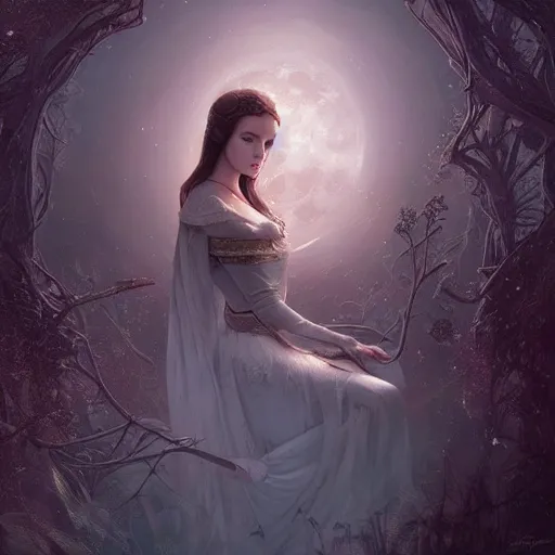 Image similar to a beautiful digital painting of a princess, princess, the moon behind her, intricate, cinematic lighting, highly detailed, digital painting, concept art, smooth, sharp focus, illustration, art by tom bagshaw, artgerm and greg rutkowski 1 0 k