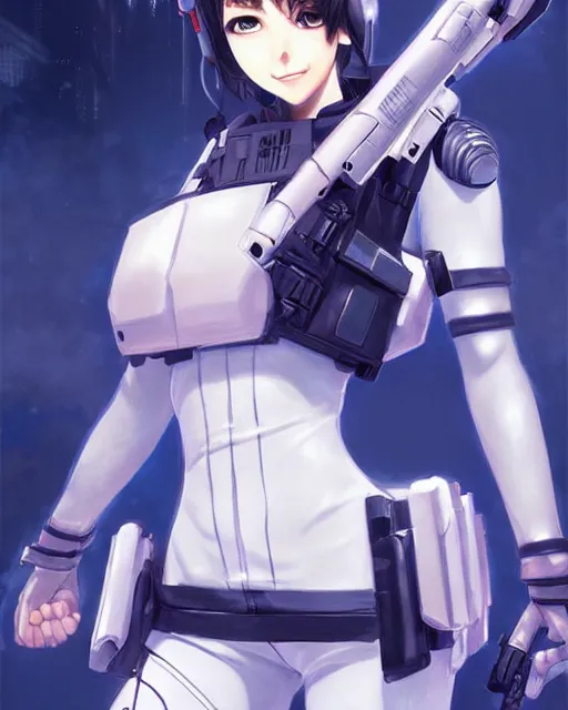 Image similar to nami, anime key visual of a young female swat officer, neon, cyberpunk, futuristic, white outfit, black swat vest, swat helmet, holding pdw, stunning, highly detailed, digital painting, smooth, soft focus, illustration, 4 k digital art from artstation by artgerm and greg rutkowski and alphonse mucha