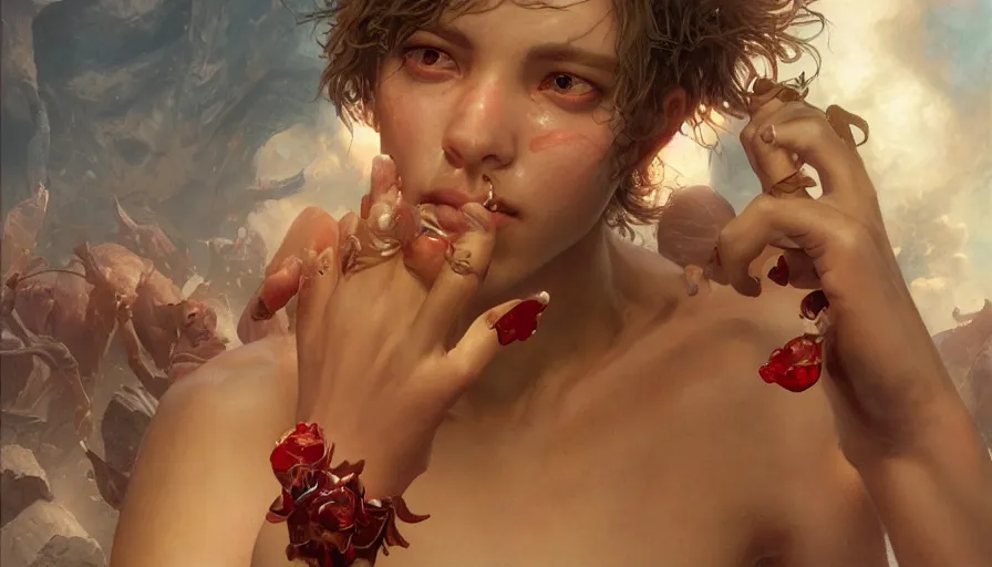 Image similar to epic masterpiece ignorance, drama, sweaty skin, hyperrealistic, octane render, cinematic, beautiful face and flawless skin, perfect hands, 5 fingers, ruby by Edgar Maxence and Ross Tran and Michael Whelan, Legends of Runeterra