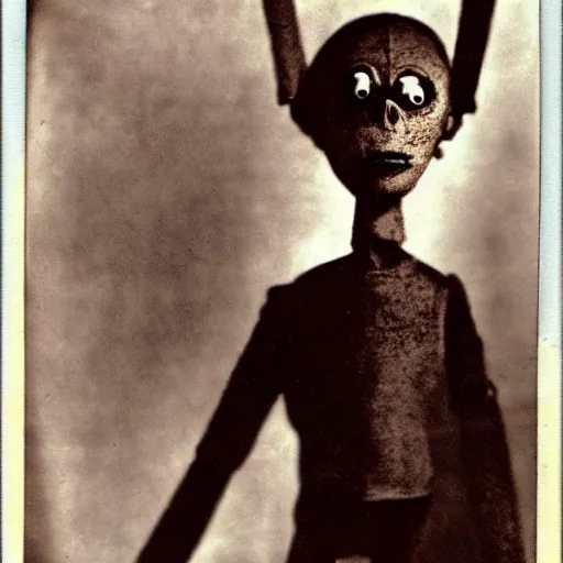 Prompt: alive, creepy marionette puppet, horrific, unnerving, clockwork horror, pediophobia, lost photograph,, dark, forgotten, final photo found before disaster, polaroid,