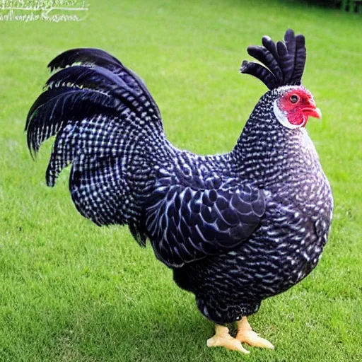 Image similar to cute!! barred Plymouth Rock chicken, studio!! lighting, white feathers in the shape of small hearts!!