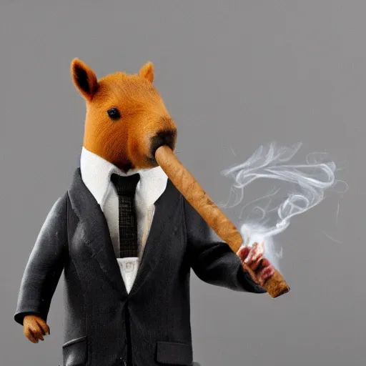 Image similar to an antropomorphic capybara wearing a suit smoking a cigar