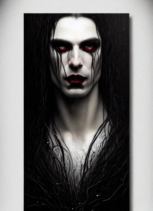 Image similar to highly detailed oil painting | very intricate | cinematic lighting | black, white and blood color scheme, dark background | portrait of a exquisite beautiful vampire man with long elegant tangles of black hair, eyes, gothic fog ambience, hyper realistic head, fantasy victorian art, in the style of greg rutkowski, zdizslaw beksinski, intricate, alphonse mucha