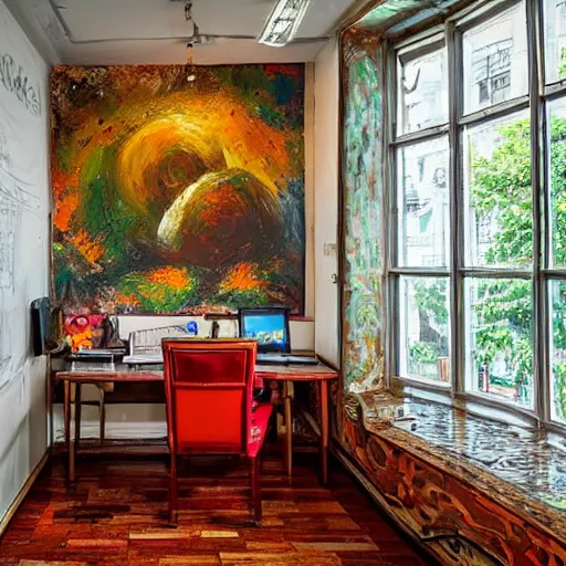 Prompt: a cozy little office nook, dmitry spiros, 8 k, wide angle,