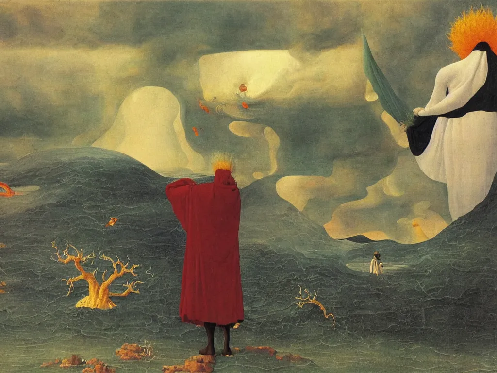 Image similar to albino mystic, with his back turned, with beautiful exotic Urchin looking at a island being engulfed, flooded by a tsunami giant wave. Painting by Jan van Eyck, Audubon, Rene Magritte, Agnes Pelton, Max Ernst, Walton Ford