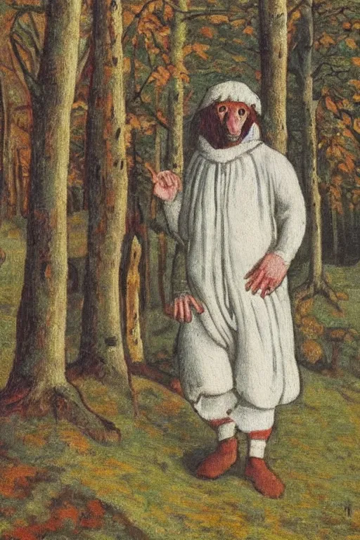 Prompt: a painting of slavic dog head man, woolen torso in medieval clothes, walking in the forest, in a white outfit, a character portrait by jean fouquet, reddit, synthetism, woodcut, grotesque, tarot card