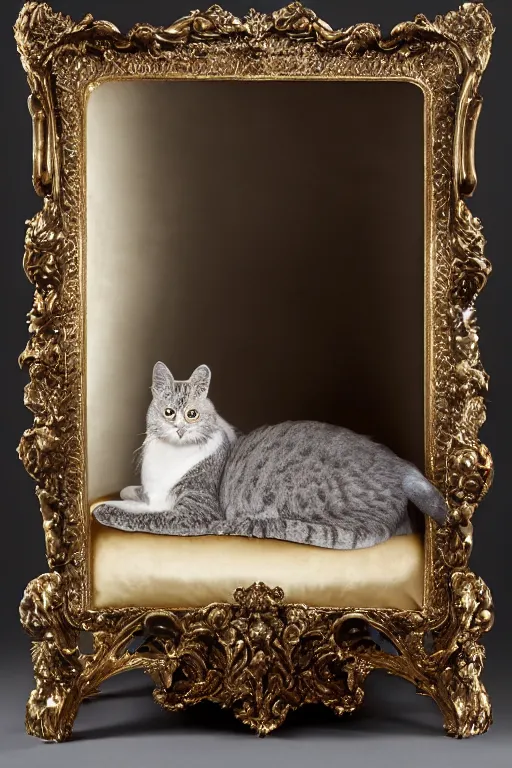 Image similar to a silver gelatin photo portrait of a royal cat, outrageously fluffy, on an embroidered velvet cushion on a neo - rococo gilded little bed, by david lachapelle, photorealistic, photography, wide shot