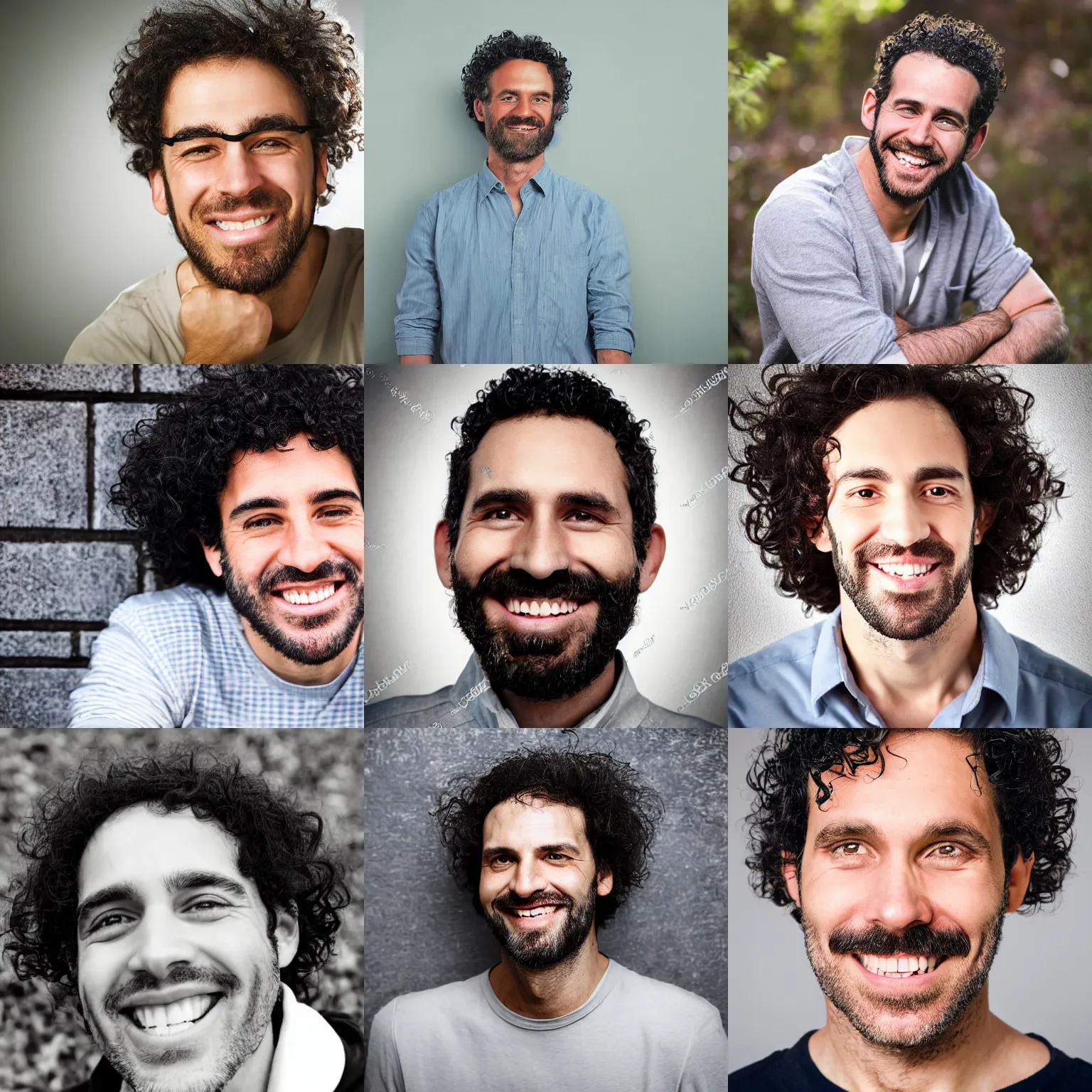 Prompt: white man photograph, black curly hair, whit some gray hairs, 38 years old, smiling , good looking intelligent