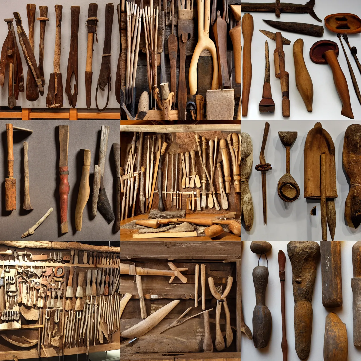 Prompt: a collection of uncovered wooden tools from the palaeolithic era, museum exhibit