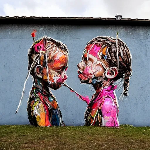 Image similar to a street art of thread connecting brother and sister by bordalo