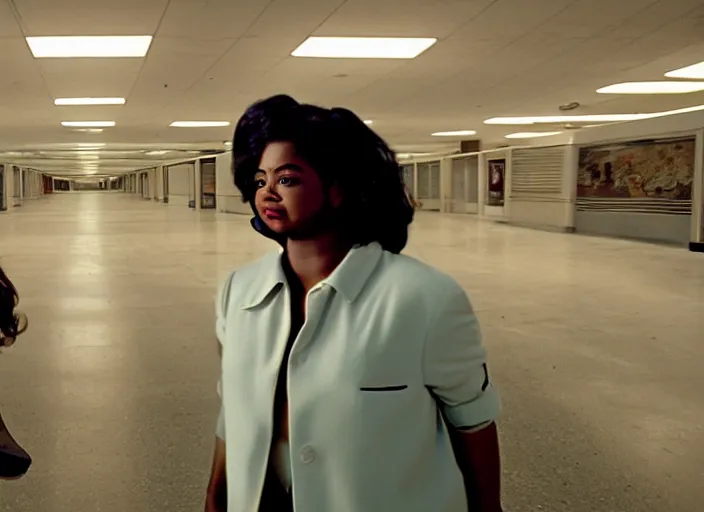 Image similar to cinematic shot of octavia spencer being chased by walter white in a strange defunct abandoned mall, iconic scene from the paranoid thriller sci fi film directed by stanley kubrick, 2 4 mm anamorphic lens, backlit, moody strange cinematography, beautiful composition, color theory, leading lines, photorealistic, highly detailed scene moody lighting
