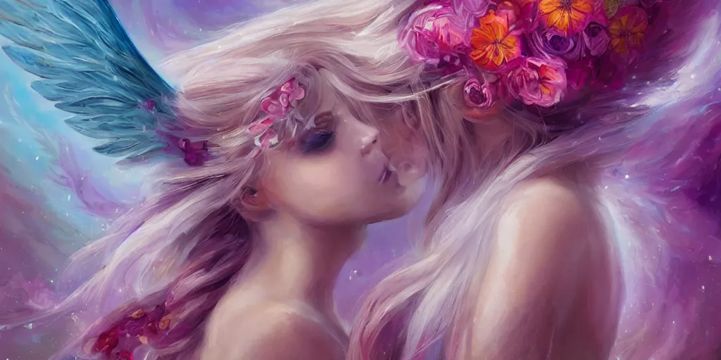 Image similar to a colorful and provenance portrait painting of a angel with her huge flowers wings spread out gracefully ， detailed, highly detailed, hair made of hair made of air wind and curling smoke, mist, dust, genie, flowers, flower, stars, spirit fantasy concept art ， art by charlie bowater and aenami, trending on artstation.