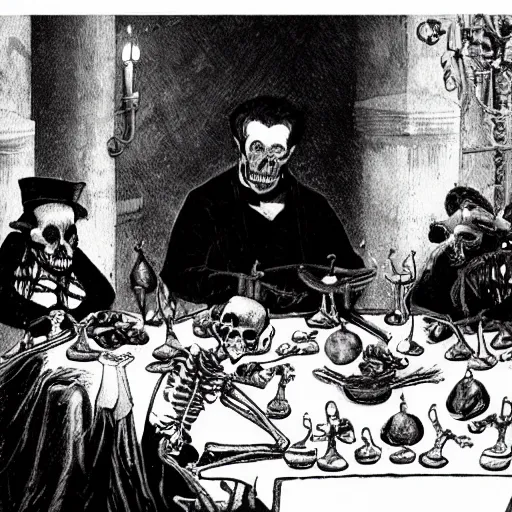Prompt: a bloody skeleton man is eating a plate of rats at a banquet inside a Victorian castle super detailed uhd ultra realism 35mm