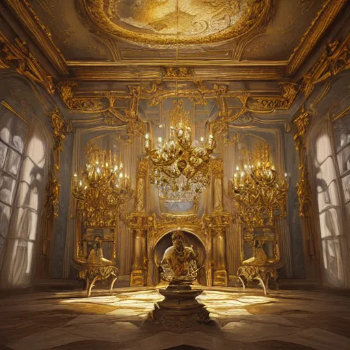 Image similar to baroque versailles interior with statues and golden decorations, baroque furniture, by peter mohrbacher dan mumford craig mullins nekro, cgsociety, pixiv, volumetric light, 3 d render