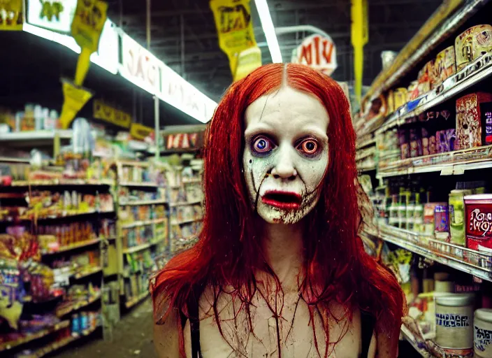 Prompt: 28mm photo of a woman in post apocalyptic supermarket, in the style of David cronenberg ,scary, weird, high fashion, ID magazine, vogue magazine, magazine, surprising, freaky, freak show, realistic, sharp focus, 8k high definition, medium format film photography, photo realistic, insanely detailed, intricate, elegant, art by yoshitaka amano and David kostic and stanley lau and artgerm