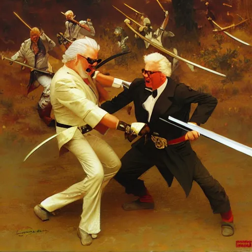 Image similar to colonel sanders with katana fighting donald mcdonald, highly detailed painting by gaston bussiere, craig mullins, j. c. leyendecker, 8 k