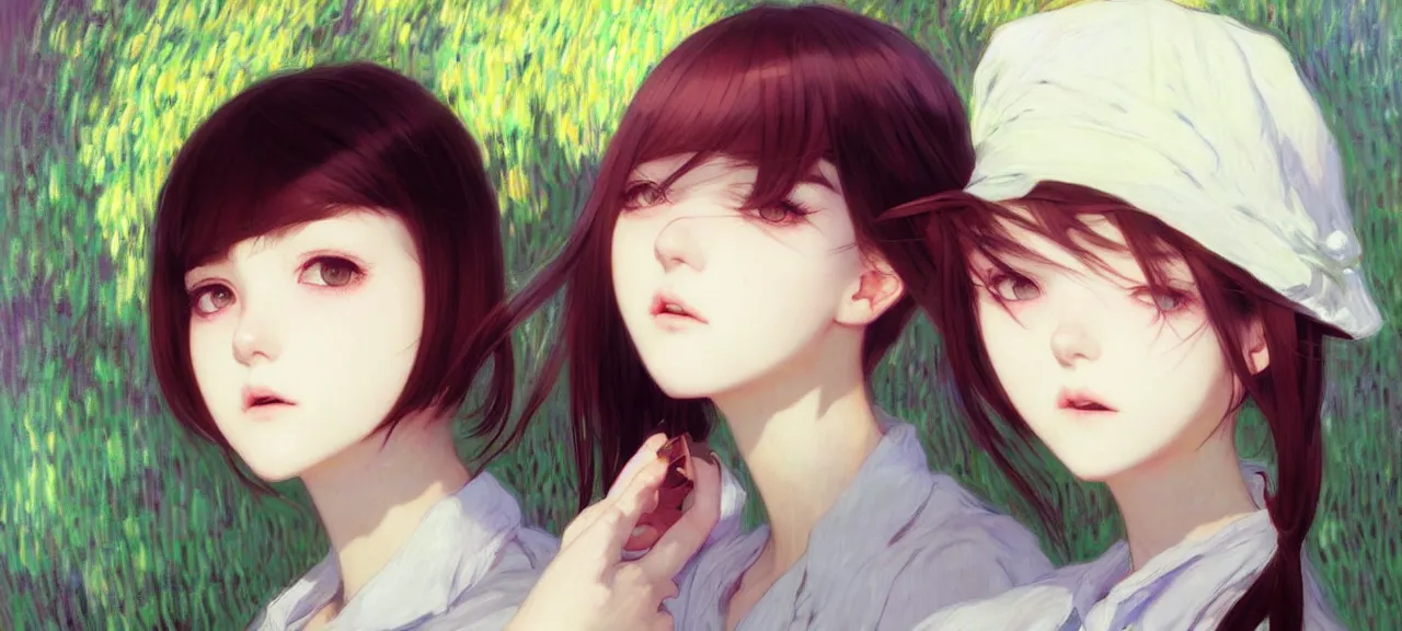 Image similar to a beautiful youth teenage depressed ocd psychotic popular girl in school struggling with morbid thoughts realized, angry eyes, soft skin, magnificent art by ilya kuvshinov, claude monet, range murata, artgerm, norman rockwell, highly detailed intricately sharp focus, bedroom eyes trending on pinterest, tiktok 4 k uhd image