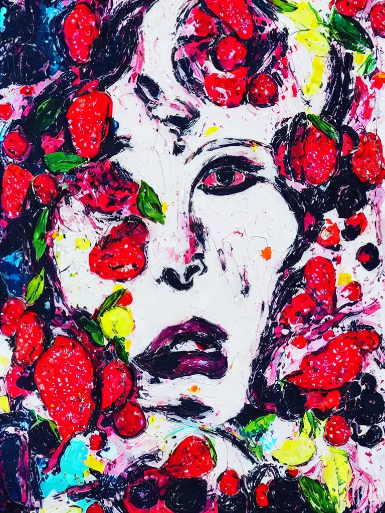 Image similar to “art in an Australian artist’s apartment, portrait of a woman wearing white cotton cloth, eating luscious fresh raspberries and strawberries and blueberries, edible flowers, black background, intricate, bold colour, acrylic and spray paint and oilstick on canvas”