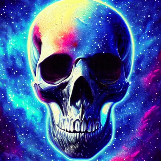 Prompt: alien skull on space nebula background, acrilic paint, digital, artstation, detailed intricate ink illustration, heavenly atmosphere, digital art, overdetailed art, concept art, complementing colors, trending on artstation, cgstudio, the most beautiful image ever created, dramatic, subtle, details, award winning artwork, beautiful scenery