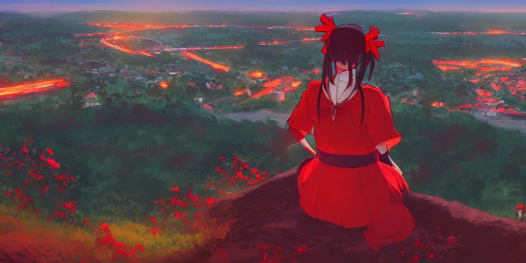 Prompt: reimu sitting on a hill off to the side looking down upon swedish town, during dawn, cinematic, very warm colors, intense shadows, anime illustration, anime screenshot composite background